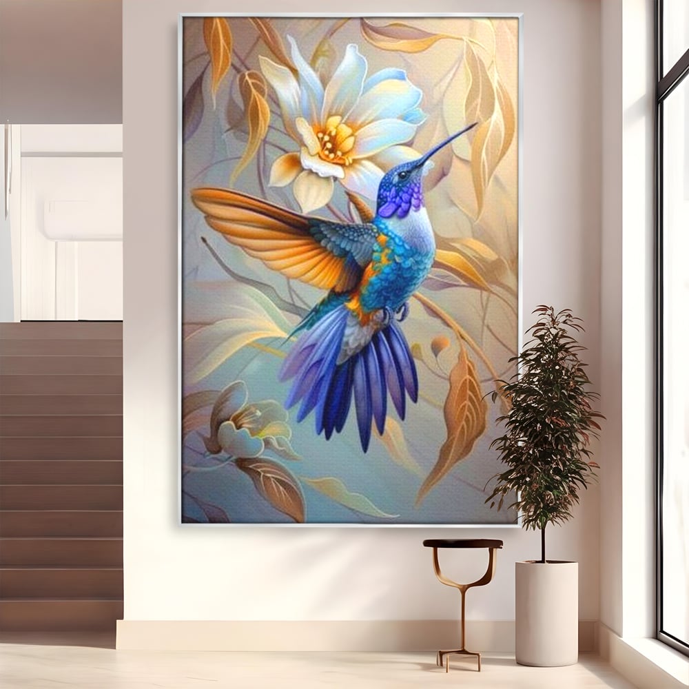 Tablou canvas cu tablou canvas cu pasare colibri in zbor, in rama de aluminiu argintiu